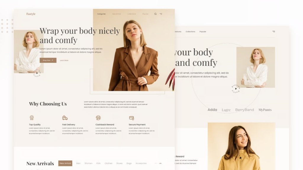 Creando tu tienda de ropa en línea y presencia digital Sitio web de marca de moda moderna mostrado en laptop y teléfono